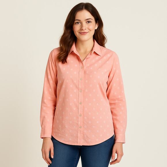 Lizwear by Liz Claiborne Women’s Peach Polka Dot Button-Up Shirt Size L - Picture 1 of 6